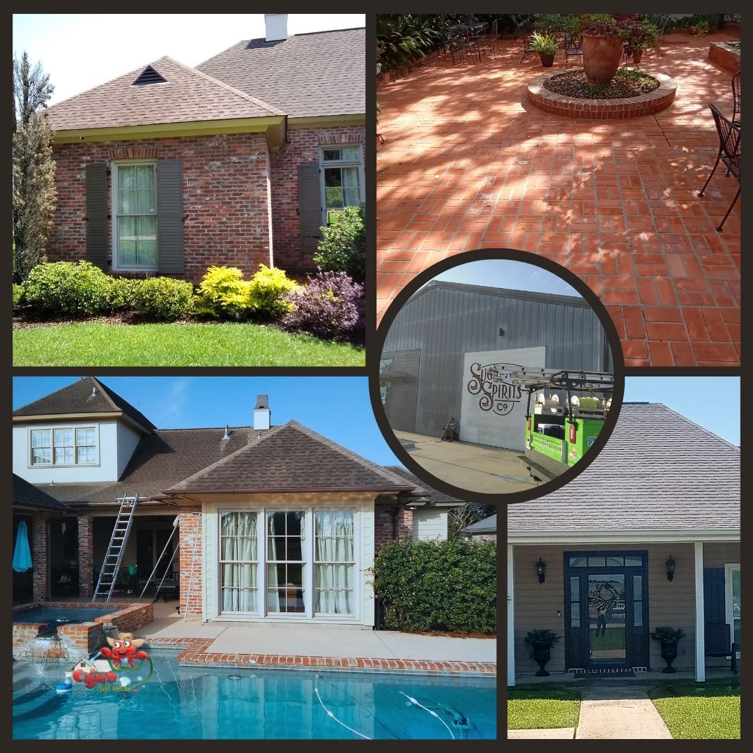 Collage of images showcasing houses, patio, and a building, clients of Cajun Softwashing Service in Louisiana for individual and Corporate.